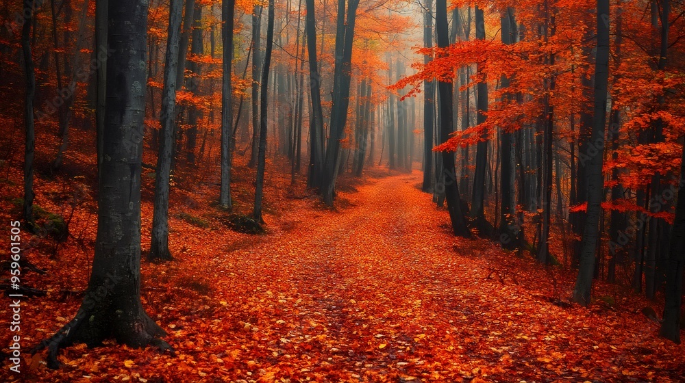 Fototapeta premium A path through a misty forest with red and orange leaves.