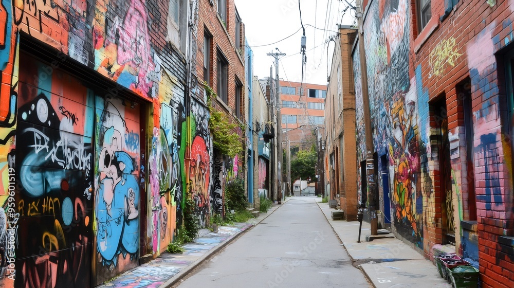 Fototapeta premium A narrow alleyway with graffiti-covered brick walls, a paved path, and green bins.