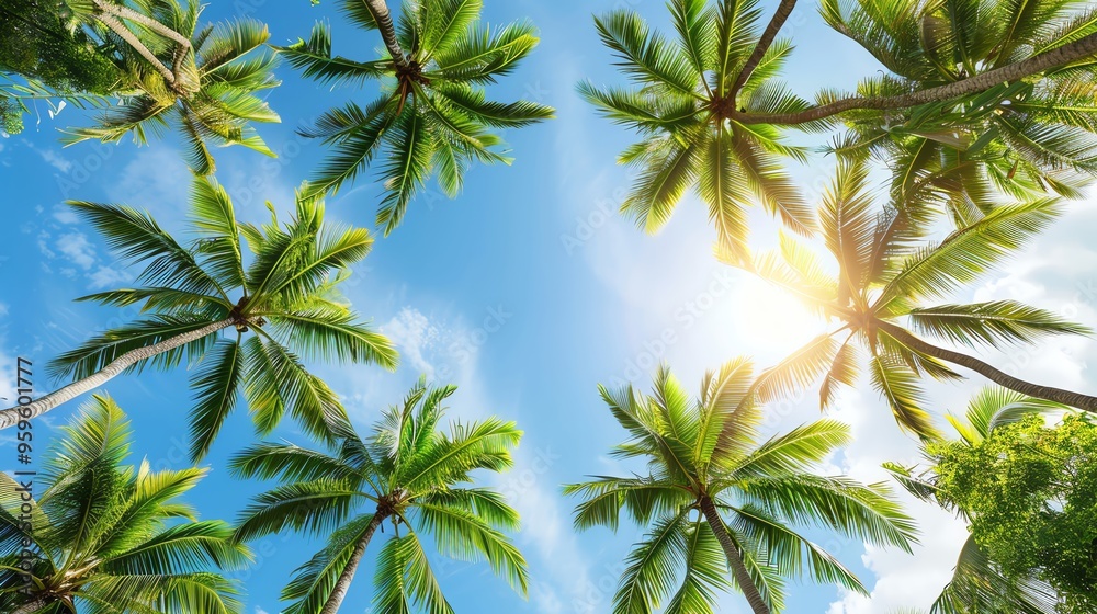 Beautiful palm trees against a bright blue sky with sunlight shining through leaves, perfect for tropical themes.