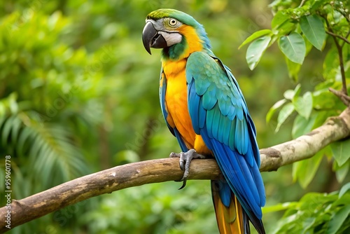 A Colorful Parrot With a Blue Tail Sits on a Branch
