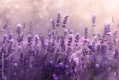 A field of lavender in full bloom, the purple hues blending into a soft blur, perfect for a calming spring background