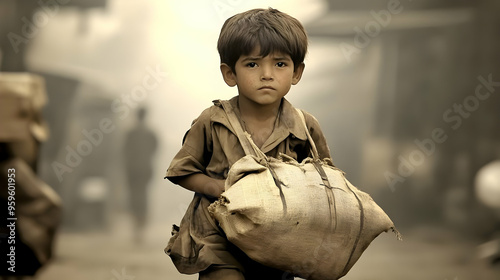 A young boy carrying a heav...