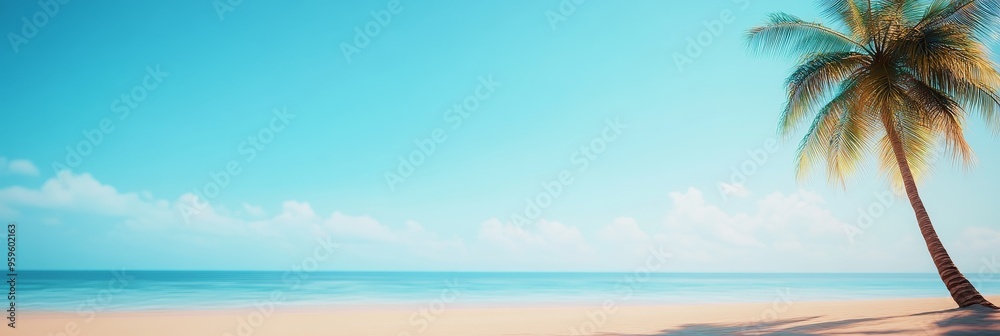 Obraz premium Palm tree on a sandy beach with a clear blue sky and ocean in the background.