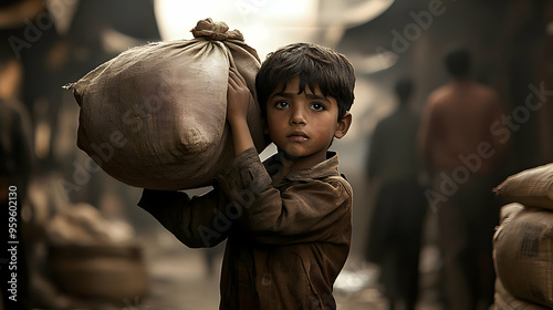 A young boy carrying a heav...