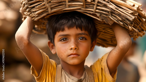 A young boy carrying a wove...