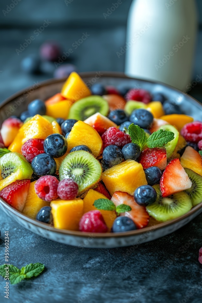 Fresh fruit salad next to a milk bottle, balanced diet, 3D illustration Fresh fruit salad next to a milk bottle, balanced diet, 3D illustration