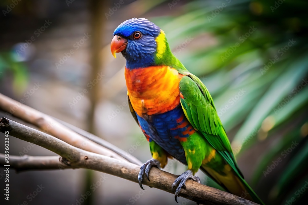 A Colorful Parrot With a Blue Tail Sits on a Branch A Colorful Parrot With a Blue Tail Sits on a Branch