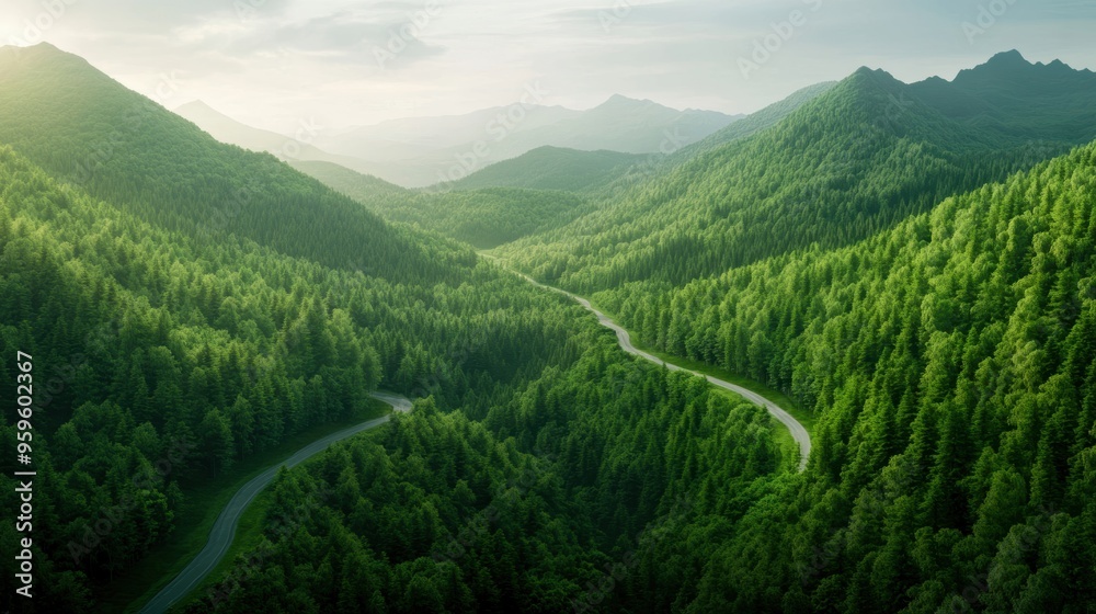 Obraz premium A stunning aerial view of lush green mountains and winding road, showcasing the beauty of nature and serenity of the landscape.