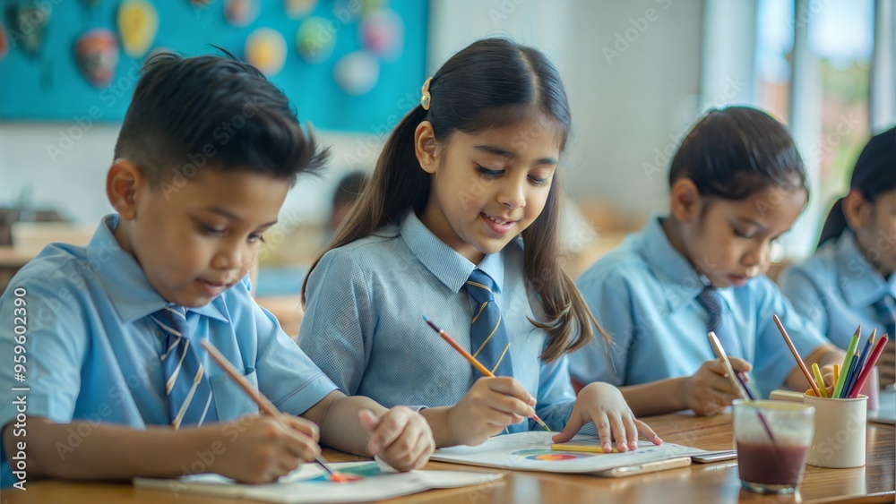 Indian school children creating artworks in an art and craft class, fostering creativity and artistic skills. Indian school children creating artworks in an art and craft class, fostering creativity and artistic skills.