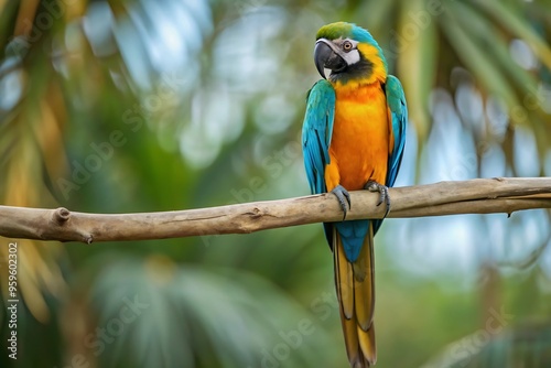 A Colorful Parrot With a Blue Tail Sits on a Branch