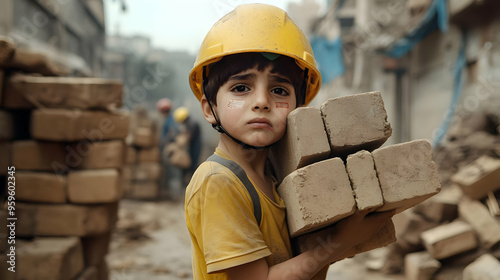 A young boy carrying bricks...