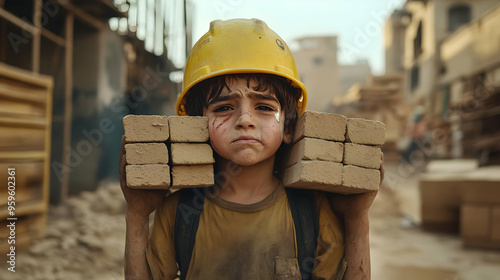 A young boy carrying bricks...