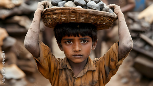 A young boy carrying stones...