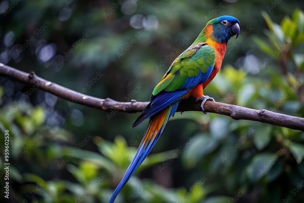 Obraz premium A Colorful Parrot With a Blue Tail Sits on a Branch