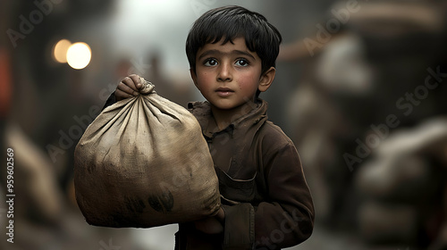 A young boy holding a sack ...