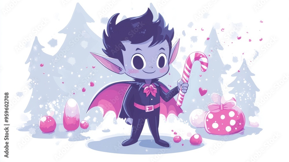 Adorable cartoon vampire child holding a candy cane, surrounded by festive decorations and cheerful winter scenery. Adorable cartoon vampire child holding a candy cane, surrounded by festive decorations and cheerful winter scenery.
