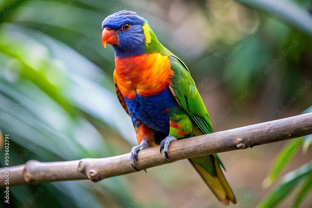 A Colorful Parrot With a Blue Tail Sits on a Branch A Colorful Parrot With a Blue Tail Sits on a Branch