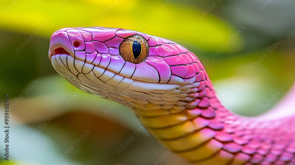 This striking close-up reveals the intricate details of a pink snake's head, set against a beautifully blurred background of greens and yellows, enhancing its natural beauty This striking close-up reveals the intricate details of a pink snake's head, set against a beautifully blurred background of greens and yellows, enhancing its natural beauty