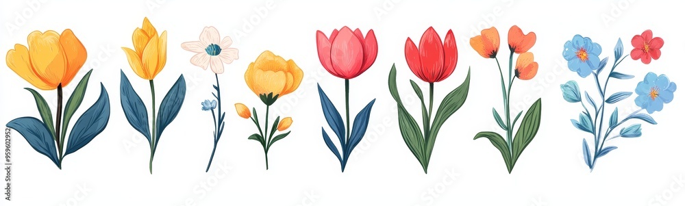 Fototapeta premium Set of colorful tulips, daffodils and forget-me-nots.