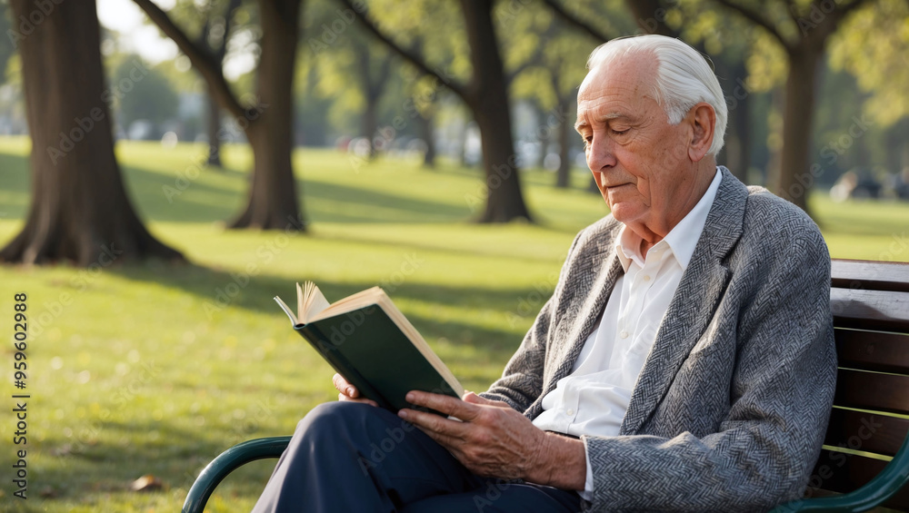 Elderly man reading a book while sitting on a bench in a park on a sunny day Elderly man reading a book while sitting on a bench in a park on a sunny day