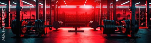 Empty gym with a red-lit ambiance, barbell racks and heavy weights, futuristic and intense workout setting photo