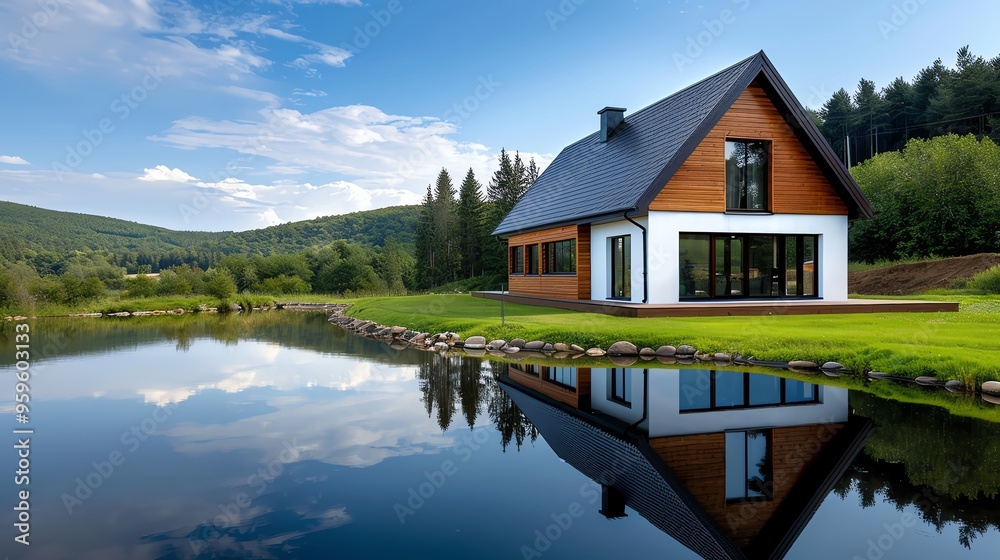 Fototapeta premium Stunning modern house reflected in tranquil lake with lush greenery and clear blue sky, perfect for serene nature escapes.