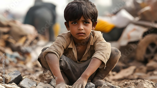 A young boy sitting among r...