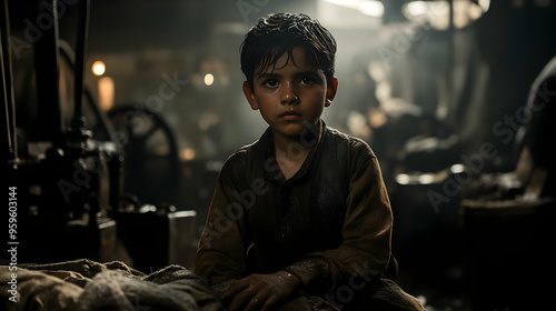 A young boy sitting in a di...