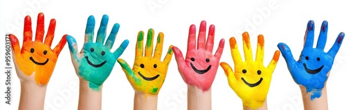 Six colorful hands with painted smiling faces raised in the air.