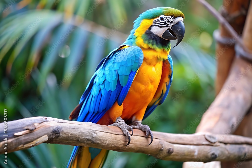 Obraz premium A Colorful Parrot With a Blue Tail Sits on a Branch