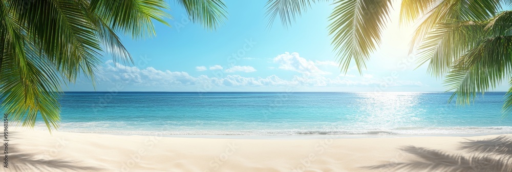 Obraz premium Tropical beach with palm tree leaves framing the view of a sunny blue ocean and white sandy shore.