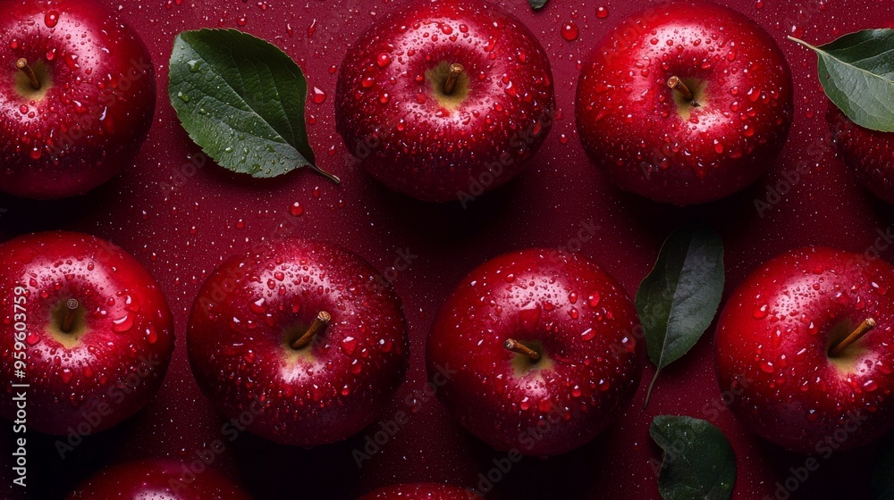 A close-up view of fresh red apples with glistening water droplets and leaves captured in high resolution. The vibrant colors enhance the appealing presentation A close-up view of fresh red apples with glistening water droplets and leaves captured in high resolution. The vibrant colors enhance the appealing presentation