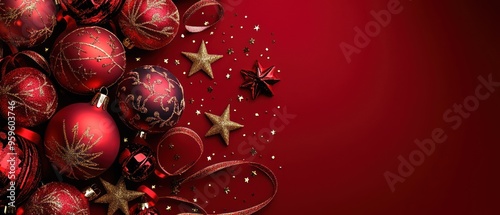 Red and Gold Christmas Ornaments and Stars on a Red Background photo