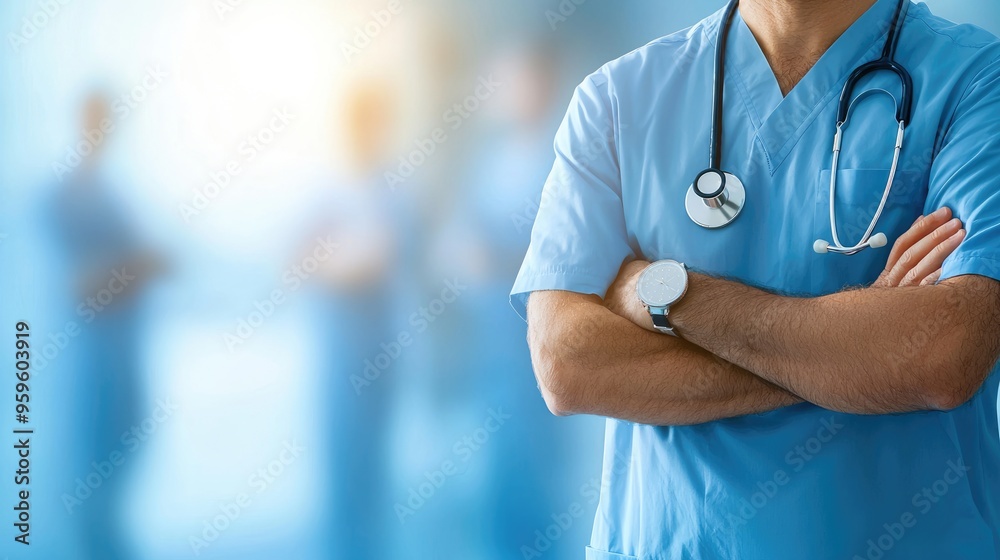 Row of medical professionals with arms crossed, focus on doctor in front, teamwork in modern healthcare, unity and strength Row of medical professionals with arms crossed, focus on doctor in front, teamwork in modern healthcare, unity and strength