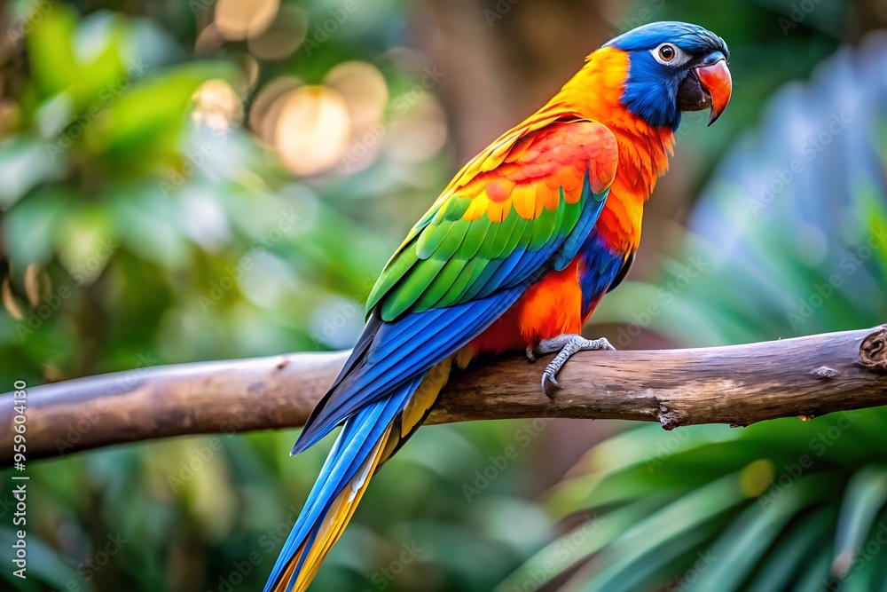 A Colorful Parrot With a Blue Tail Sits on a Branch A Colorful Parrot With a Blue Tail Sits on a Branch