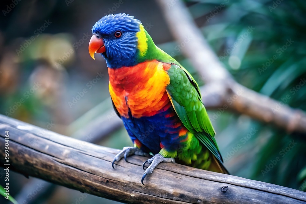Obraz premium A Colorful Parrot With a Blue Tail Sits on a Branch