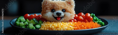 Creative dogshaped meal made from rice and vegetables, colorful healthy food plate photo