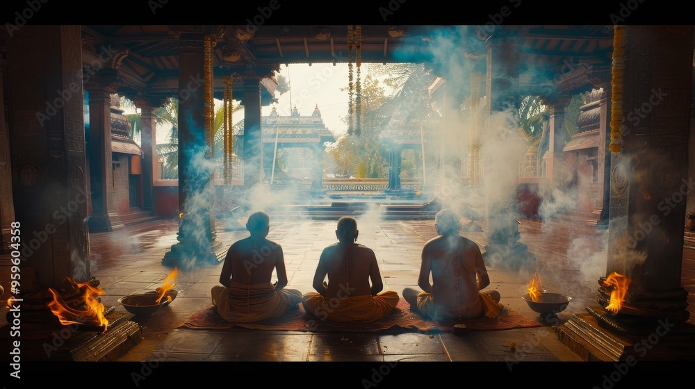 Indian family engaged in prayer at home temple, embracing tradition and spirituality together Indian family engaged in prayer at home temple, embracing tradition and spirituality together