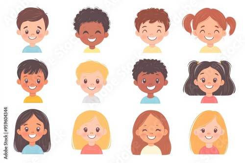 Set of children avatars. Bundle of smiling faces of boys and girls with different hairstyles, skin colors and ethnicities. Colorful flat vector illustration isolated on white background 