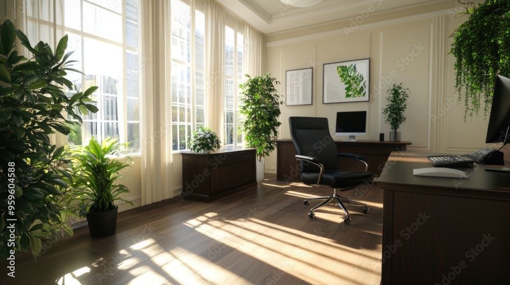 Fototapeta premium Modern home office with large windows, greenery, dark wood furniture, and natural light.