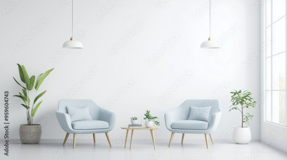A minimal living room with a light blue wall. The room is very clean and well-lit. A minimal living room with a light blue wall. The room is very clean and well-lit.