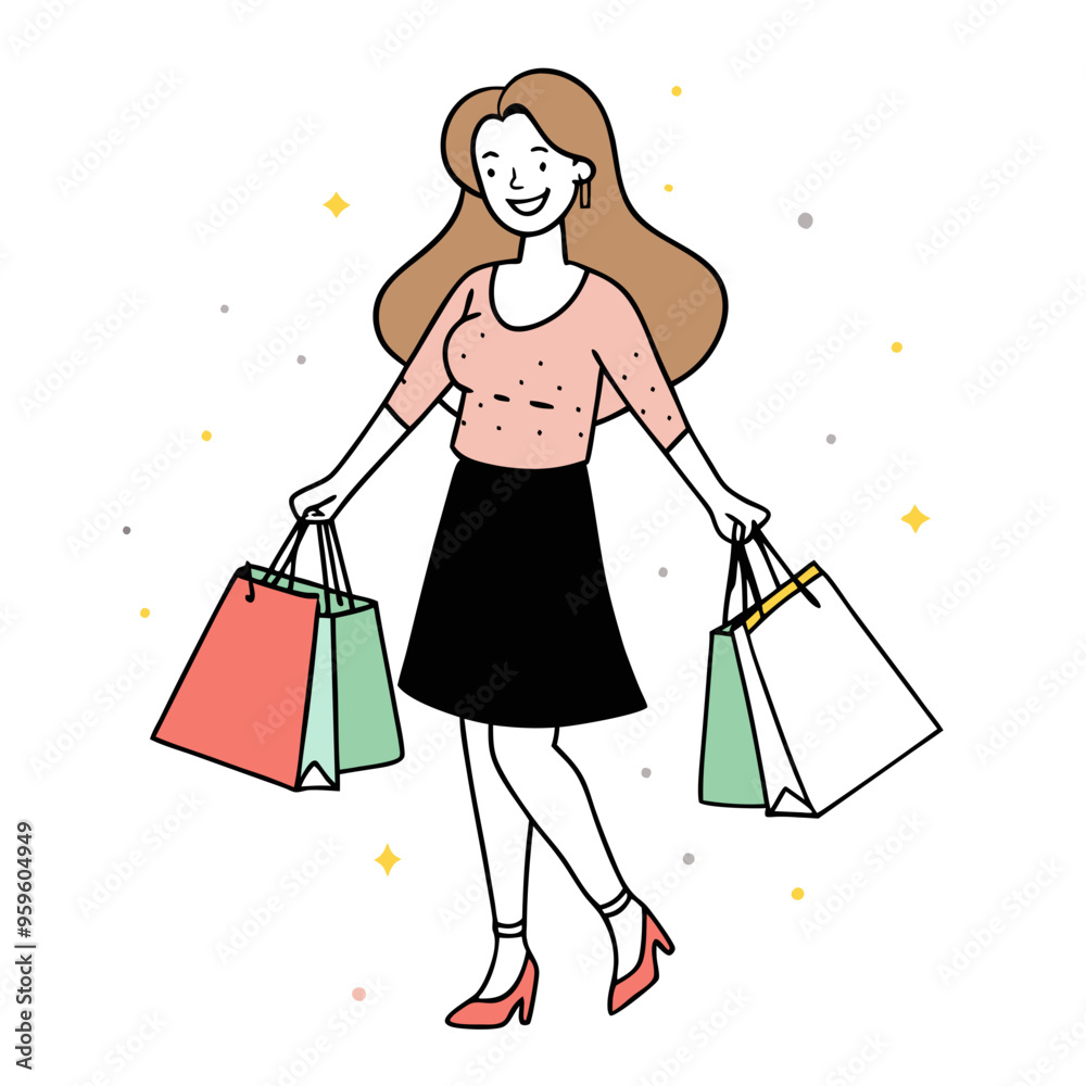 A smiling woman with long hair, wearing a pink top and black skirt, happily carries shopping bags in both hands A smiling woman with long hair, wearing a pink top and black skirt, happily carries shopping bags in both hands