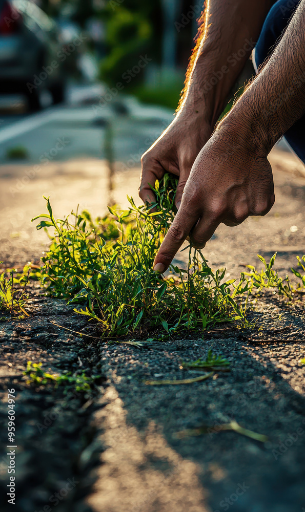 Fototapeta premium Hands picking weeds from cracks in the pavement at sunrise.