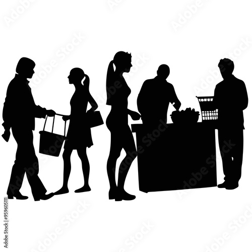 Silhouettes of four people shopping at a market, interacting with a vendor behind a checkout counter