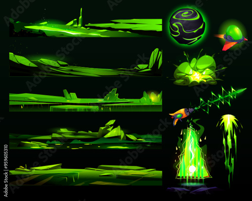 Space game landscape patterns set isolated on black background. Vector cartoon illustration of neon green alien planet, blaster weapon, fantasy portal, explosion effects, seamless rocky ui platforms