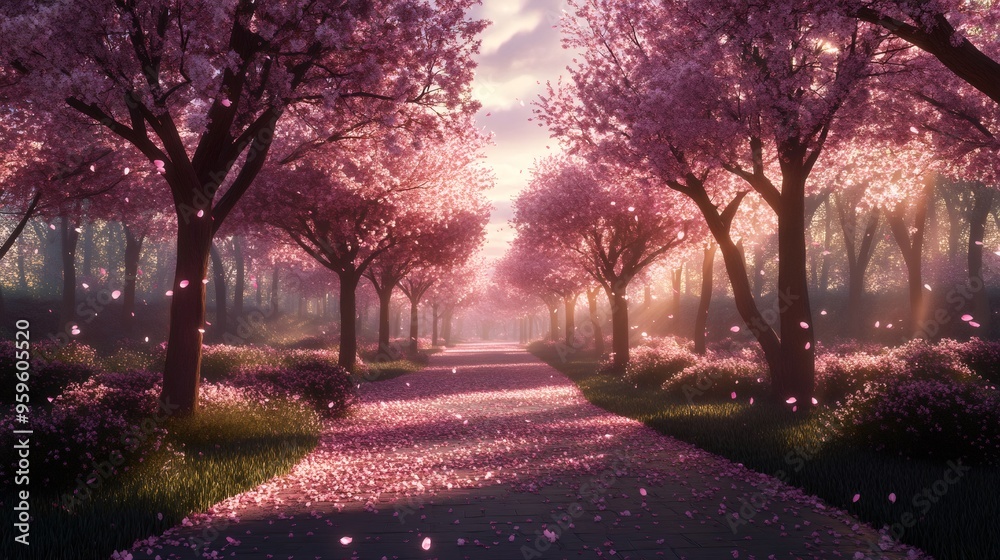 Naklejka premium A pathway through a dreamy cherry blossom forest with sunlight streaming through the branches and petals falling on the ground.