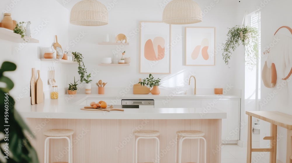 Fototapeta premium A minimal kitchen with a pink wall. The room is clean and well-lit, with a window letting in natural light.