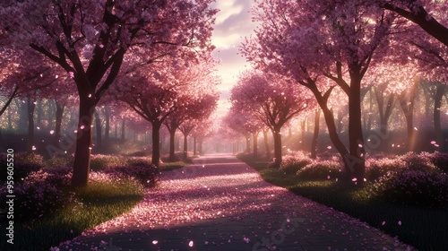 A pathway through a dreamy cherry blossom forest with sunlight streaming through the branches and petals falling on the ground.