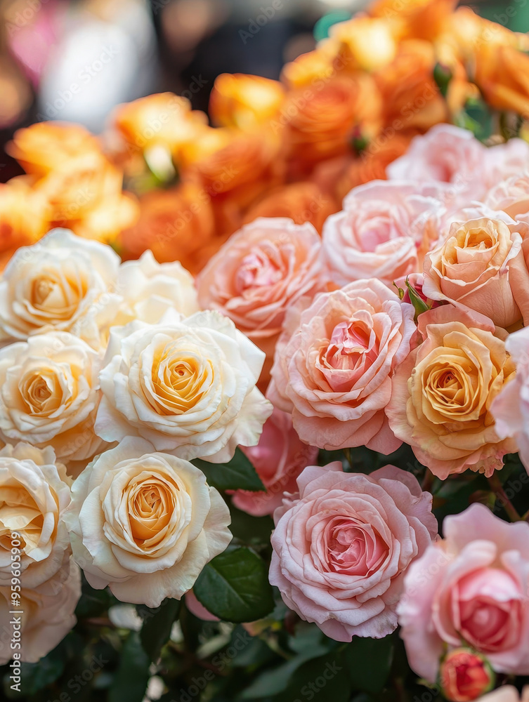 A variety of vibrant roses displayed in full bloom. A variety of vibrant roses displayed in full bloom.