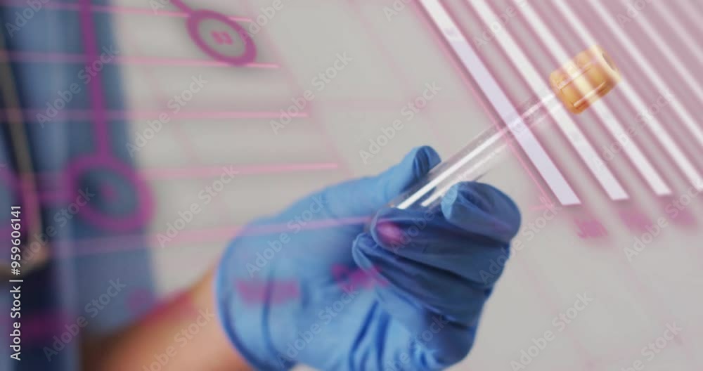 Holding test tube, gloved hand over scientific data and code animation
